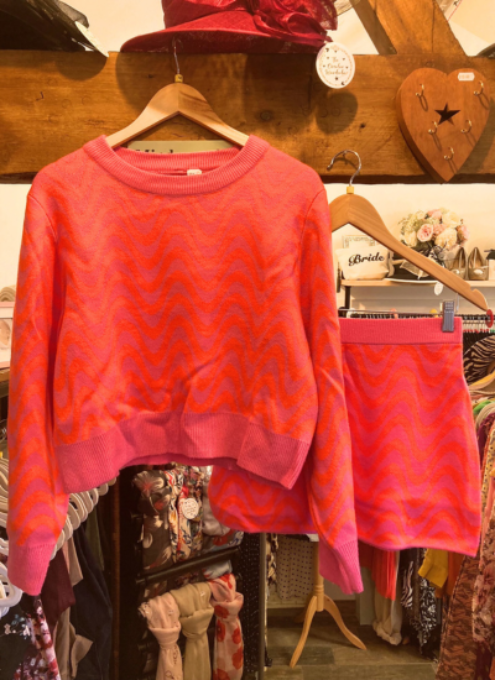 Pink & Red Chevron Knitted Top & Skirt Twin Set